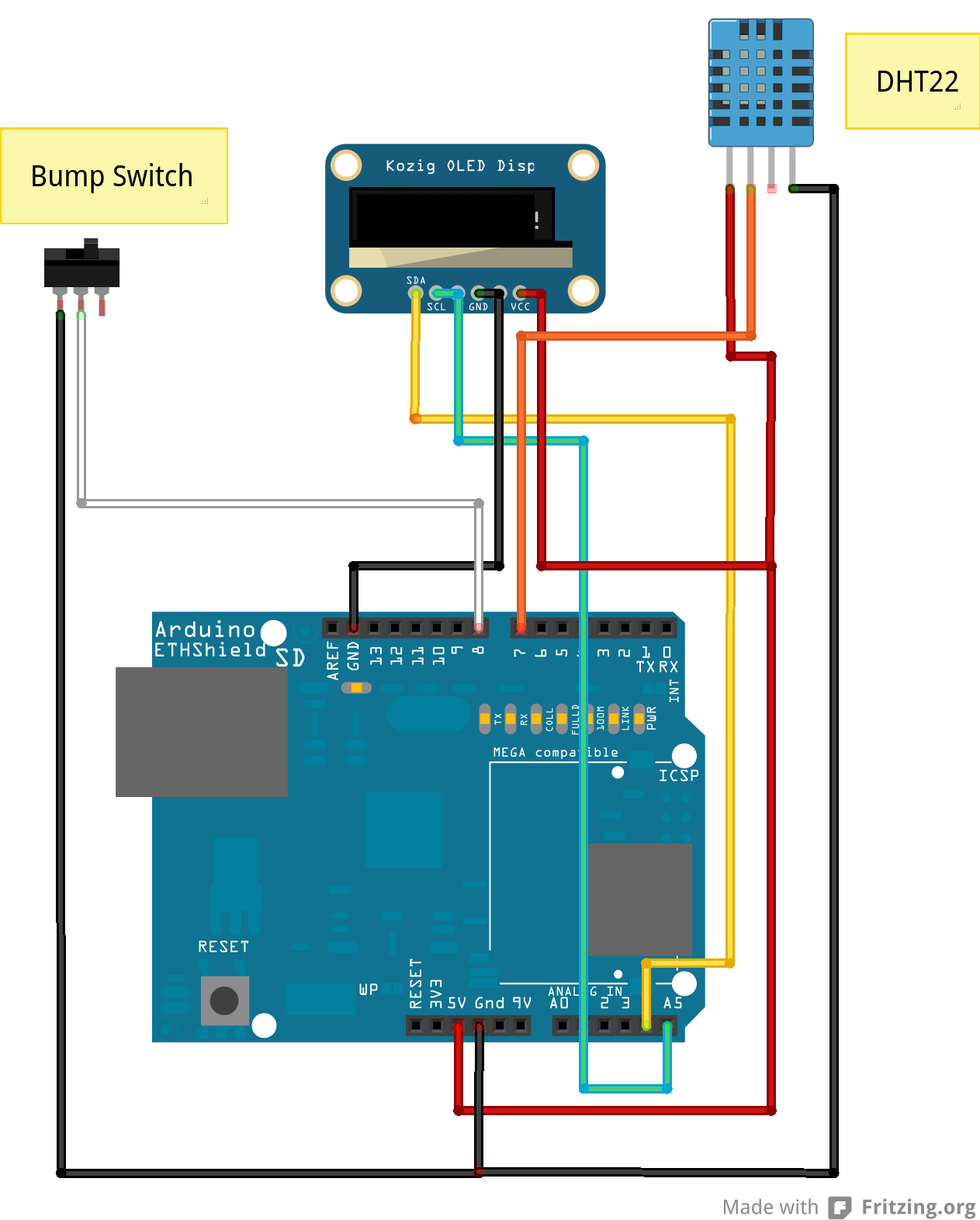 Wire OLED display, Bump Switch & DHT22 to the arduino